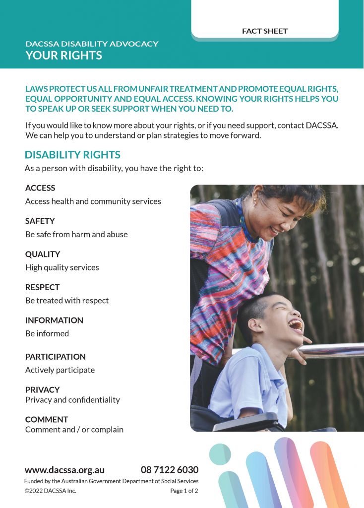Front page of DACSSA fact sheet outlining disability rights