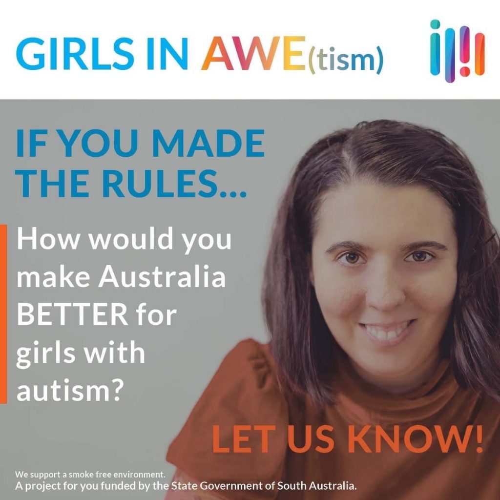 GIRLS IN AWE(tism) graphic "If You Made the Rules..." with image of girl in early 20s with orange top smiling
