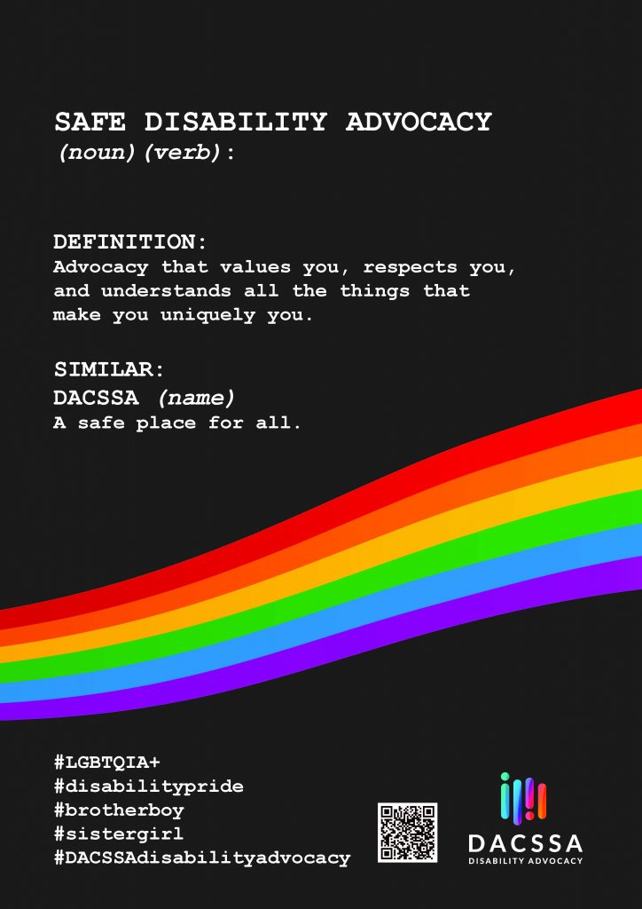 DACSSSA LGBTQIA+ poster with rainbow and black background